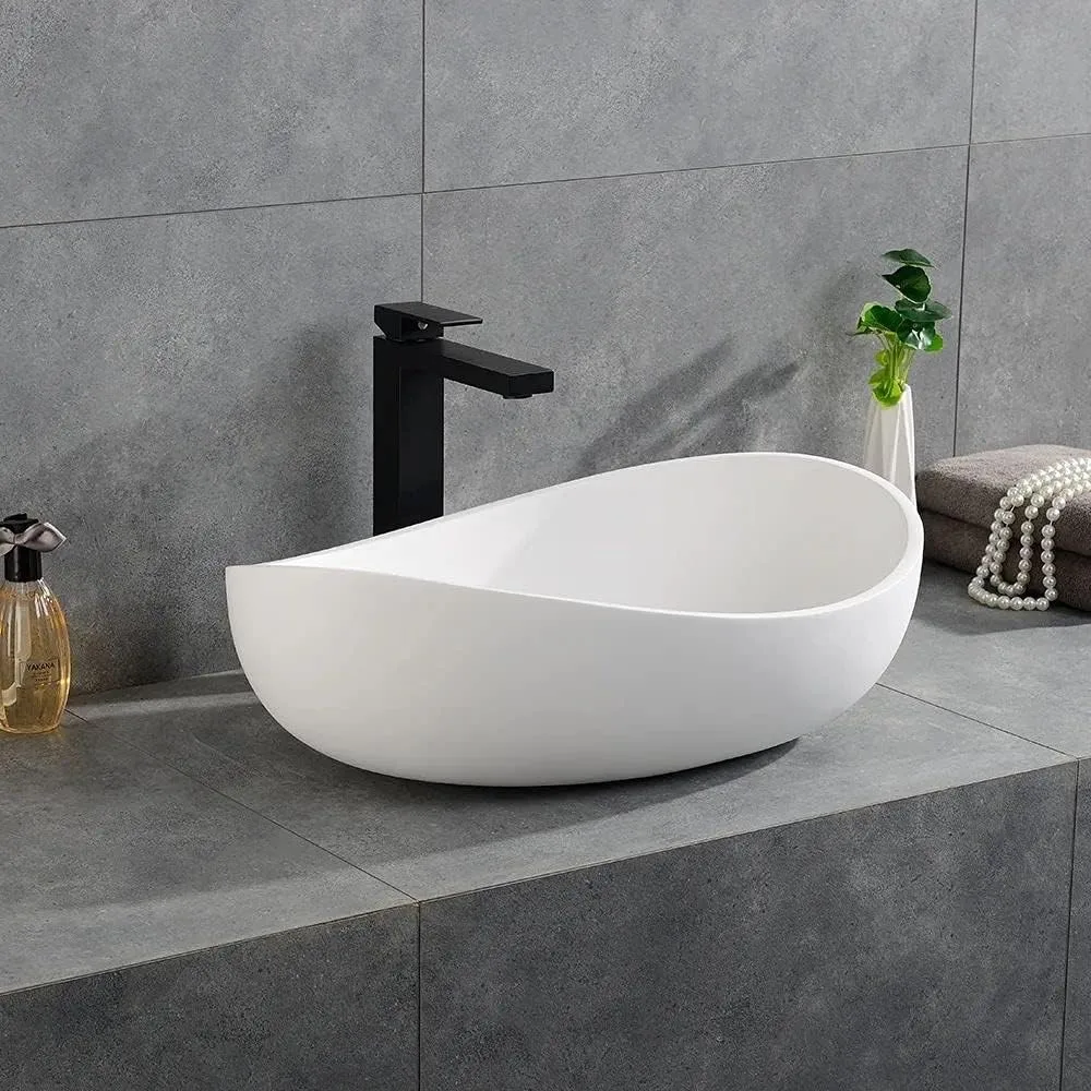 

Oval Vessel Stone Resin Bathroom Sink Modern Art Sink Matte White with Pop Up Drain (Glossy White)