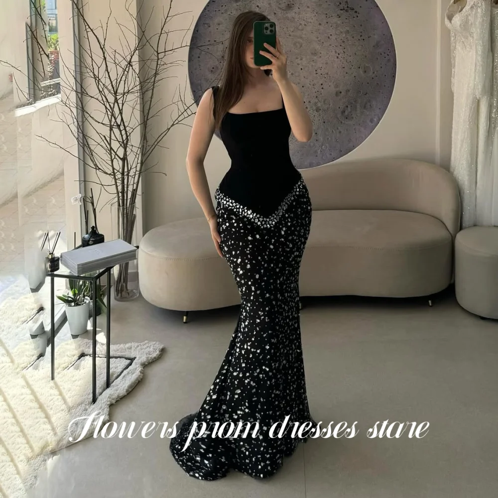 

Flowers Black Prom Dress Trumpet Party Dress Sleeveless with Pleats Evening Dress Crystals Tank Woman Dress فساتين مناسبة ر Cus