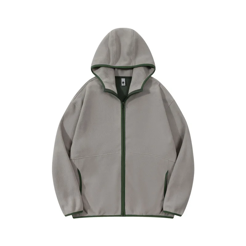 Hoodie men's outdoor fleece cardigan for warmth, winter coat with color blocking and fleece jacket, zipper hoodie