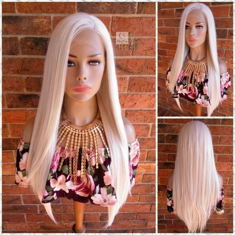 

Белый парик Bone Прямые кружевные фронтальные парики 13X4 HD Прозрачный предварительно сорванный бесклеевой синтетический парик фронта шнурка для белых женщин