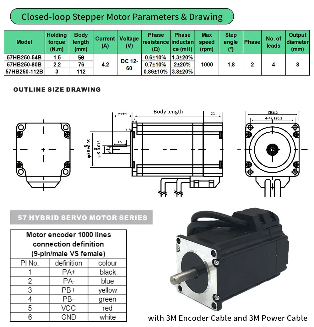 Nema23 57mm Motor paso a paso de circuito abierto/cerrado con codificador 1,5/2,2/3Nm Servomotor fácil híbrido Servomotor CC 1/2/3/4/5 ejes Kit
