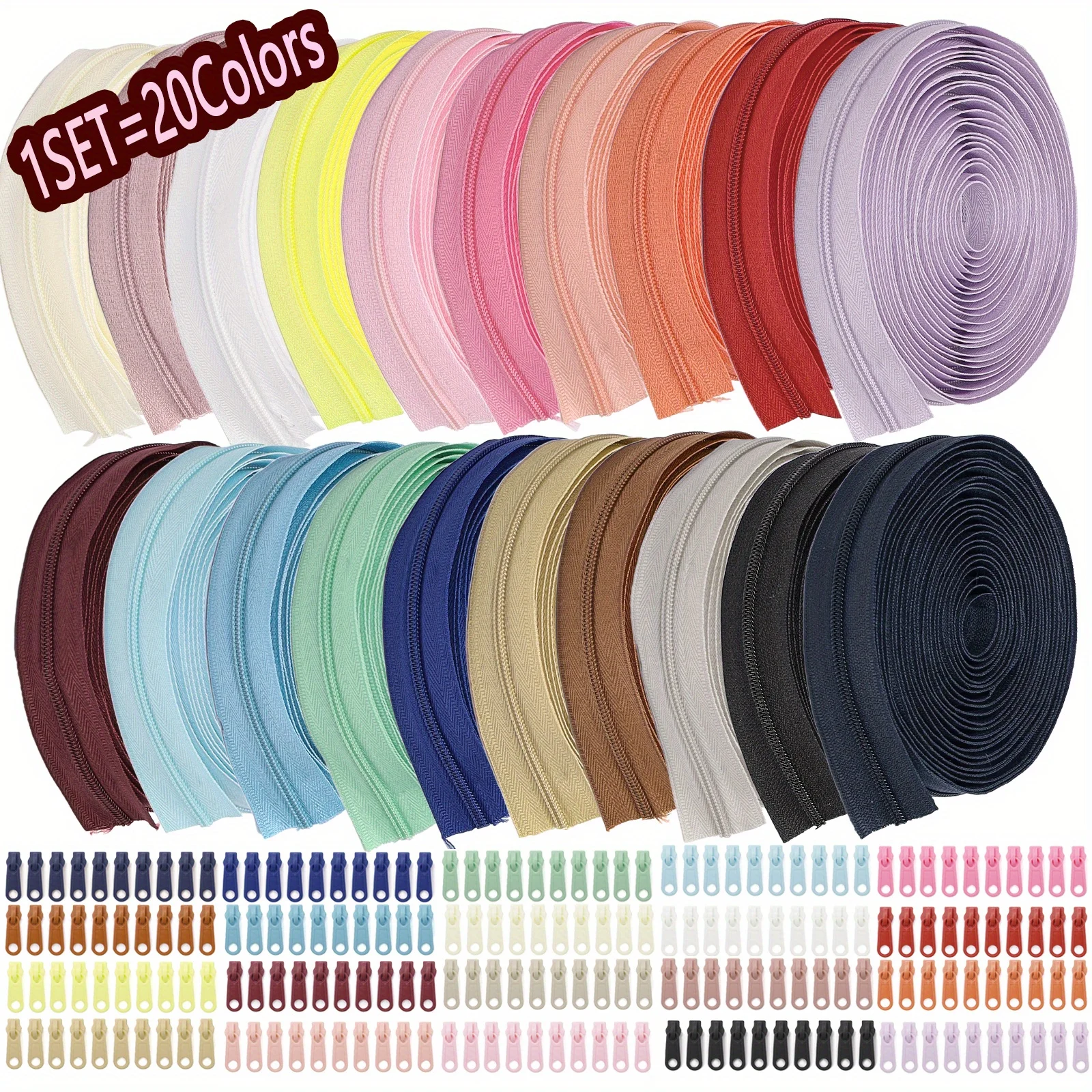 

A set of 20 colors (one roll of 5yard each color, with 10 plastic zipper heads of the same color), No. 3 nylon zipper.