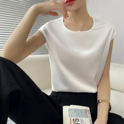 O넥 실크 캐미솔 여성용 얇은 조끼 새틴, 루즈한 외부 민소매 탑, 여름 정장, 인사이드 슬링 뽕나무 실크 보터밍 셔츠, 신제품