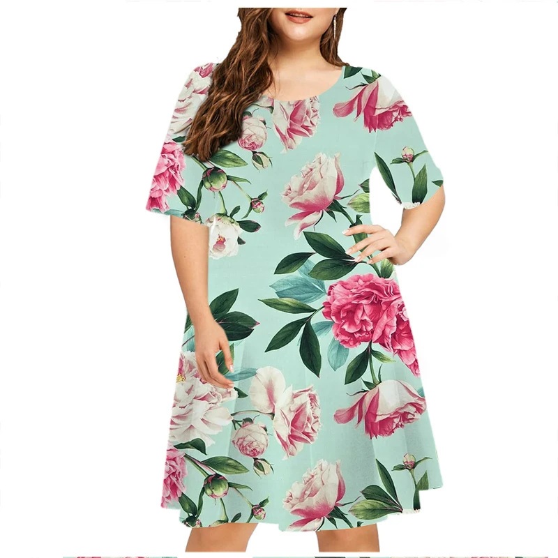 6XL Plus rozmiar Sundress kwiaty rośliny z nadrukiem 3D luźna sukienka damska z krótkim rękawem letnia Casual sukienka trapezowa damska imprezowa