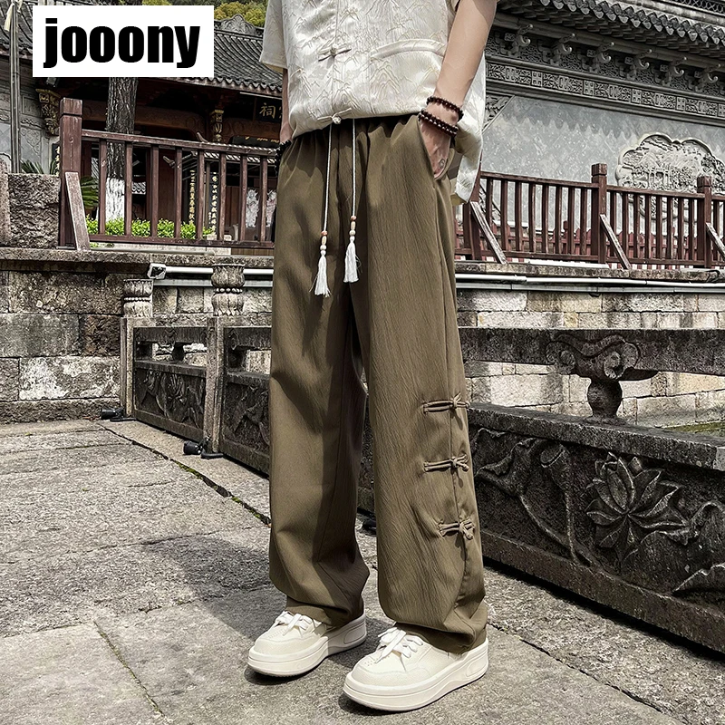 2024 New Chinese Retro Buckle Design Sense Casual Pants for Men Spring Autumn Loose Wide Leg Straight Legs Versatile Basic Daily