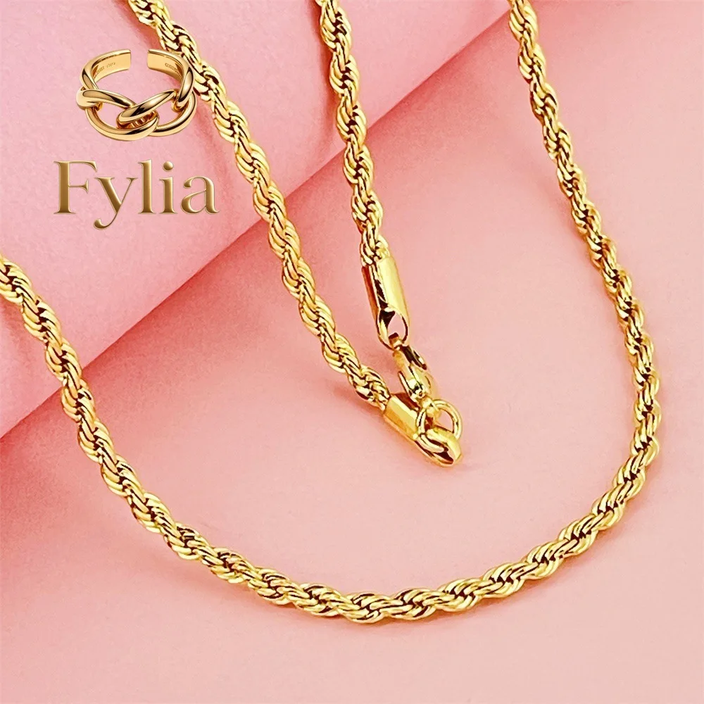 Fylia Jewelry   24K Gold AU999 Wholesale 50-75CM 3MM Twist Rope Necklace Men's & Women's - Premium bulk supply, 3MM+50-75CM, sty