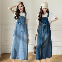 S-5XL Women Denim Dresses Spring Summer Big Pocket Loose Casual Mid Length Jean Suspender Straps Dress Female Vestidos