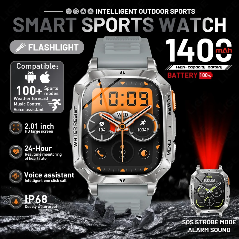 

LIGE Flashlight Smartwatch Sports HD AMOLED Wireless Call Bluetooth Waterproof IP68 Outdoor Men Smart Watch Big Battery 1400mAh