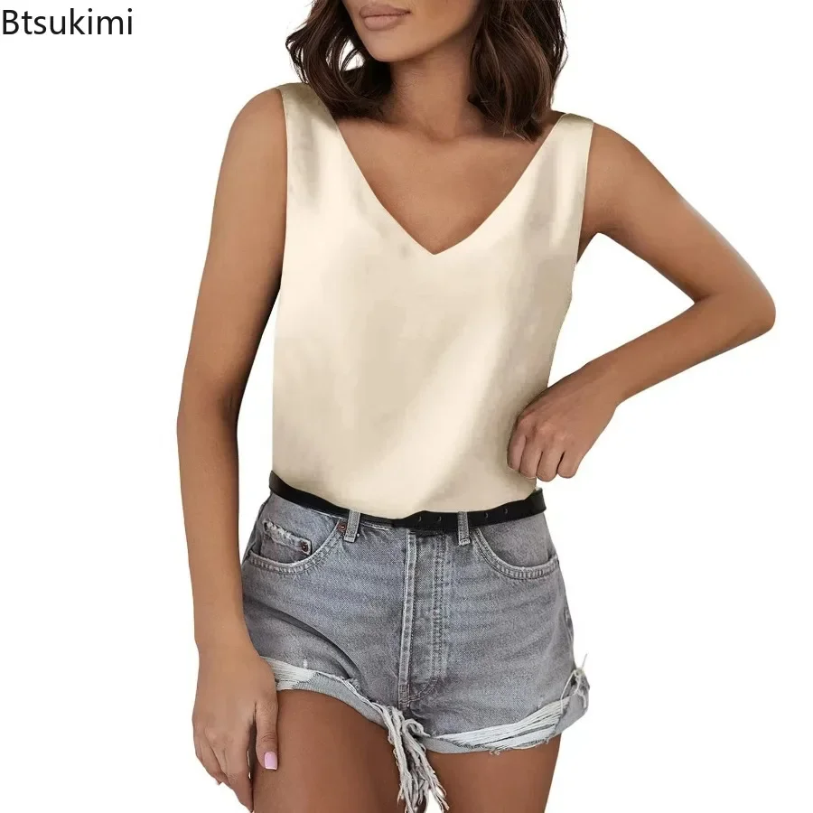 

2025 Women's Summer Satin Vest Top All Match Camisole Versatile V-neck Camis Tanks Loose Fit Tank Top for Girls Summer Wear Top