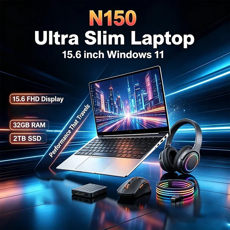 15.6 Inch FHD IPS Notebook 120Hz Intel N150 32GB RAM 2TB SSD Backlit Keyboard Long Lasting Battery for Gaming And Entertainment