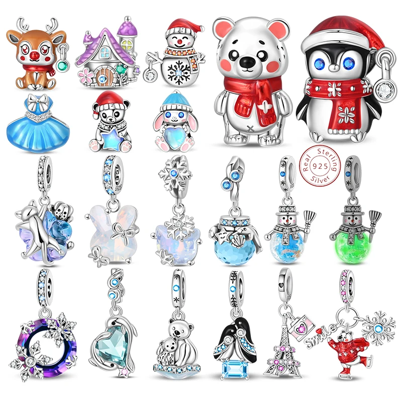

925 Sterling Silver Ice&Snow Charms Xmas Snowman Penguin Elk Rabbit Polar Bears Fit Original Bracelet Pendant Women Jewelry Acc