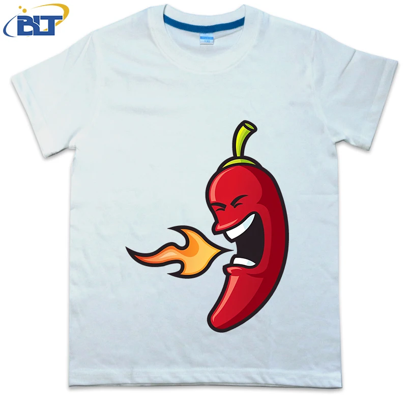 Camiseta infantil de algodão de manga curta com pimentão flamejante, tops casuais para meninos e meninas, verão