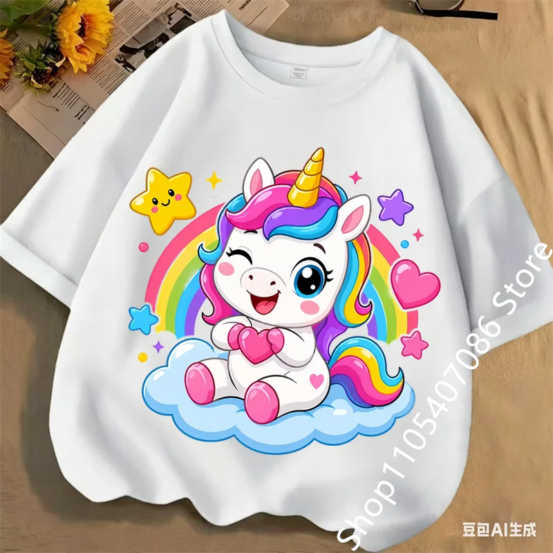Boys Girls Cute Rainbow Unicorn Print T-shirt Casual Daily Wear Tee Toddler Cute Unicorn Soft Tee Baby Boy Clothes