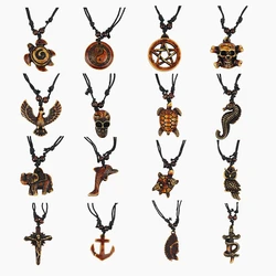 Retro Punk Gothic Turtle Skull Animal Wooden Necklace Men Women Astrolabe Indian Cross Adjustable Rope Chain Jewelry Accessories