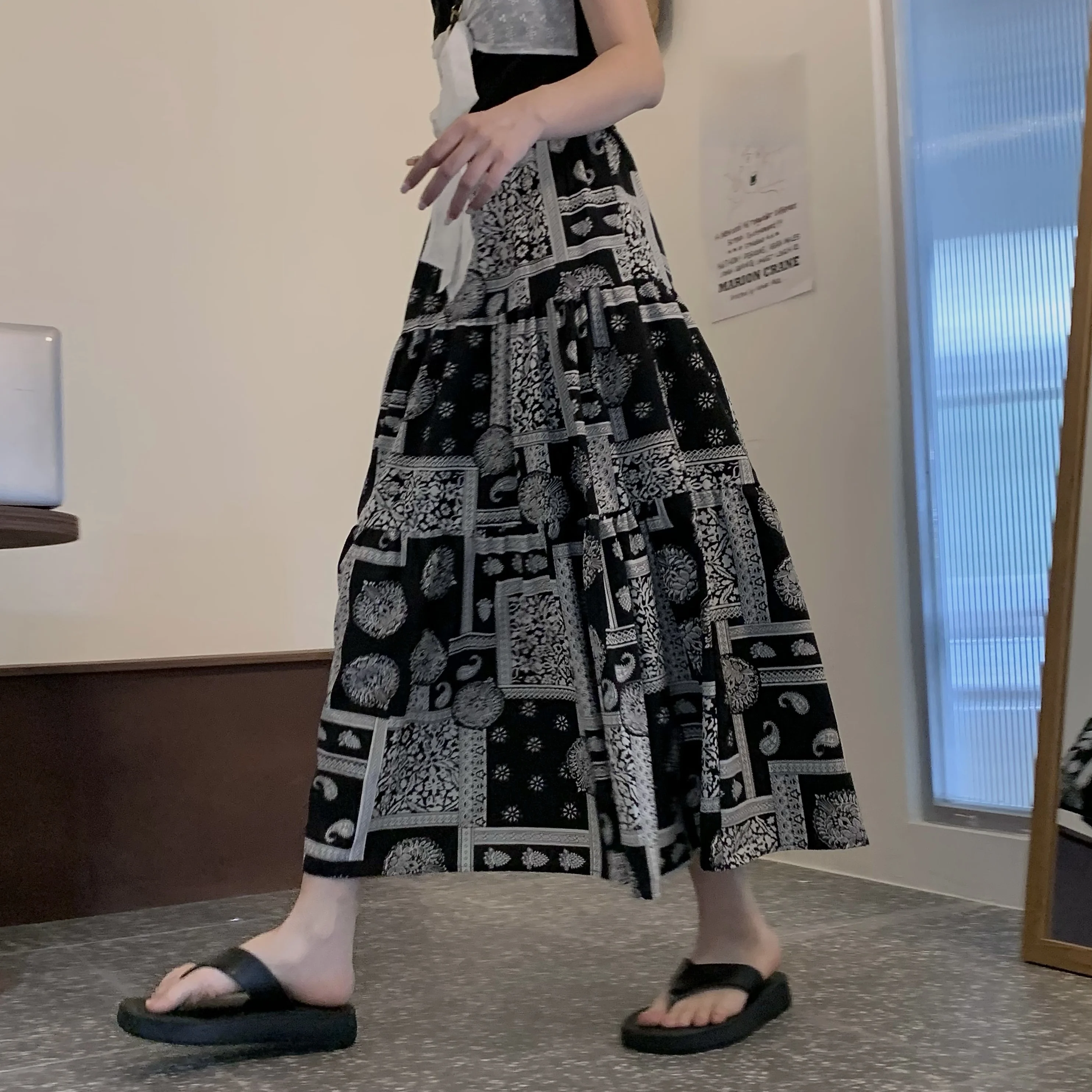 

Summer New plus Size Women's Faion Floral Print A-Line Midi Skirt High Waist Wide Hemline Polyester Chiffon Commute Sle