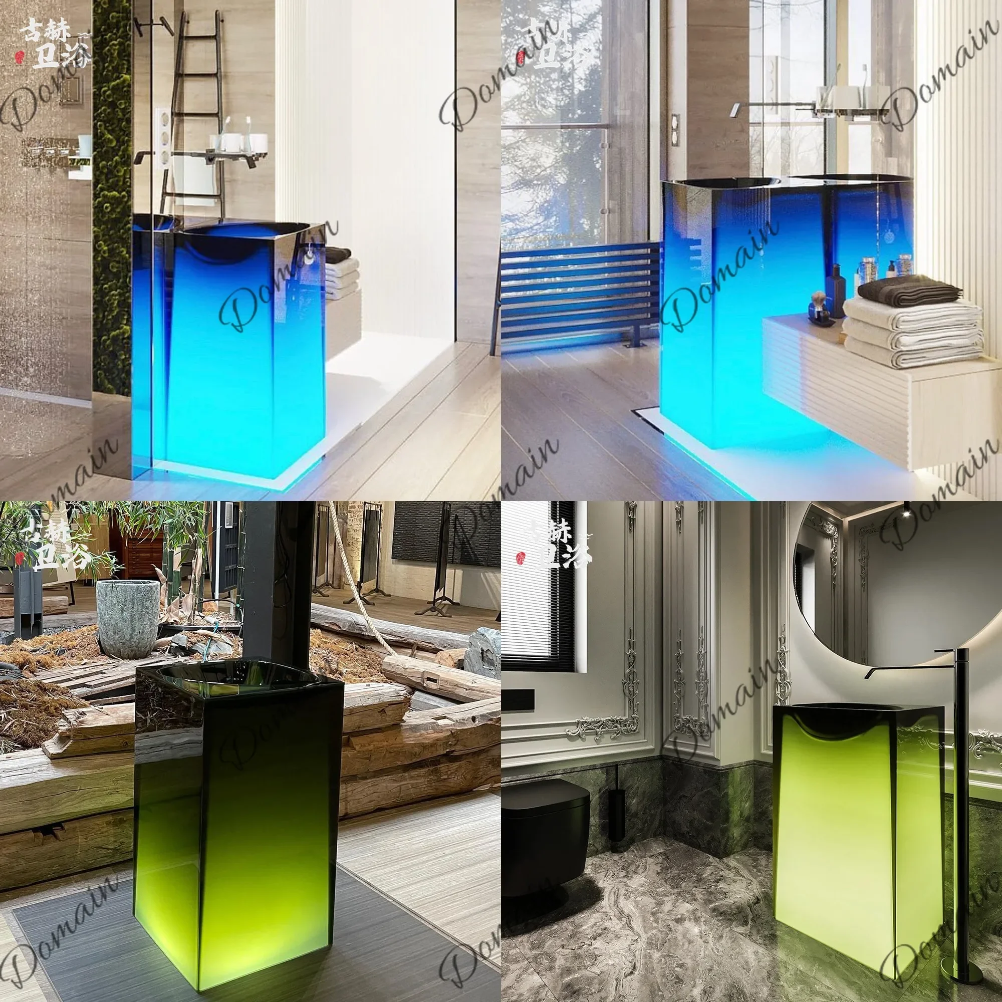 BJ Blue Hotel Transparent Resin Glow Washbasin Outdoor Balcony Vanity Sink Column Basin Bathroom