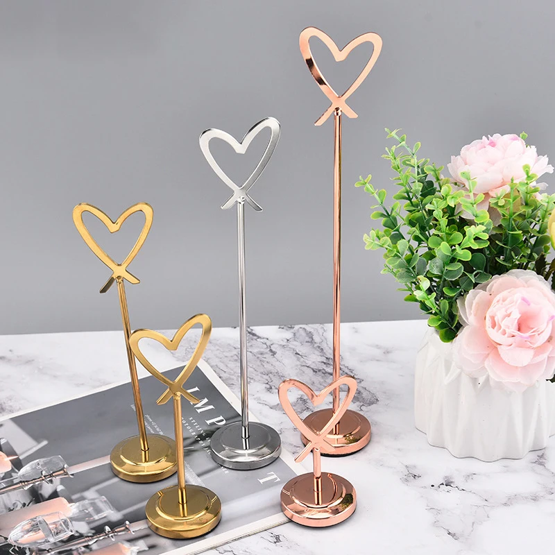 Stainless Steel Card Holder Heart Shape Memo Photo Stand Minimalist Metal Message Board For Home Office Decor With Non-Slip Base