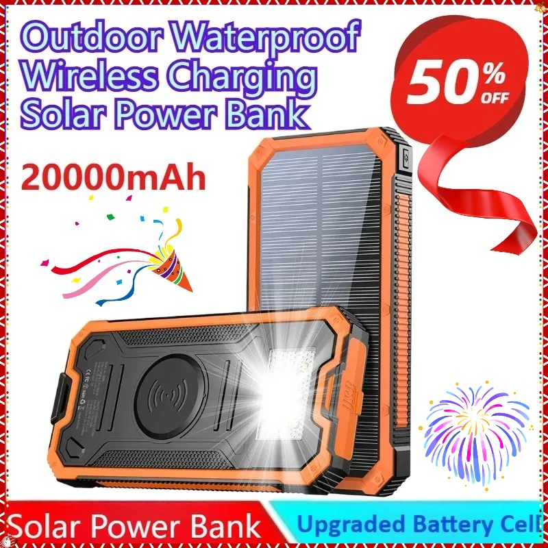 

Brand New 20000mAh Outdoor Waterproof Wireless Charging Solar Power Bank Fast Charging Emergency Portable Charger