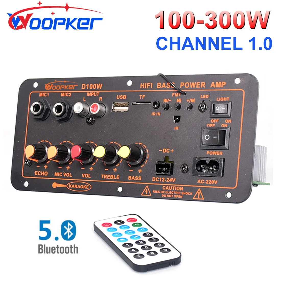 Woopker D100W Bluetooth Amplifier Board Digital AMP Max 300W 220V/12V/24V Support Dual Microphone MP3 Player