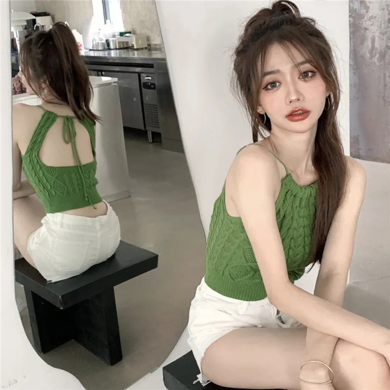 Halter Neck Knitted Cropped Tank Crop Tops Female Hollow-Out Laced Back Tanks Sleeveless T shirts Tees Camisole Women