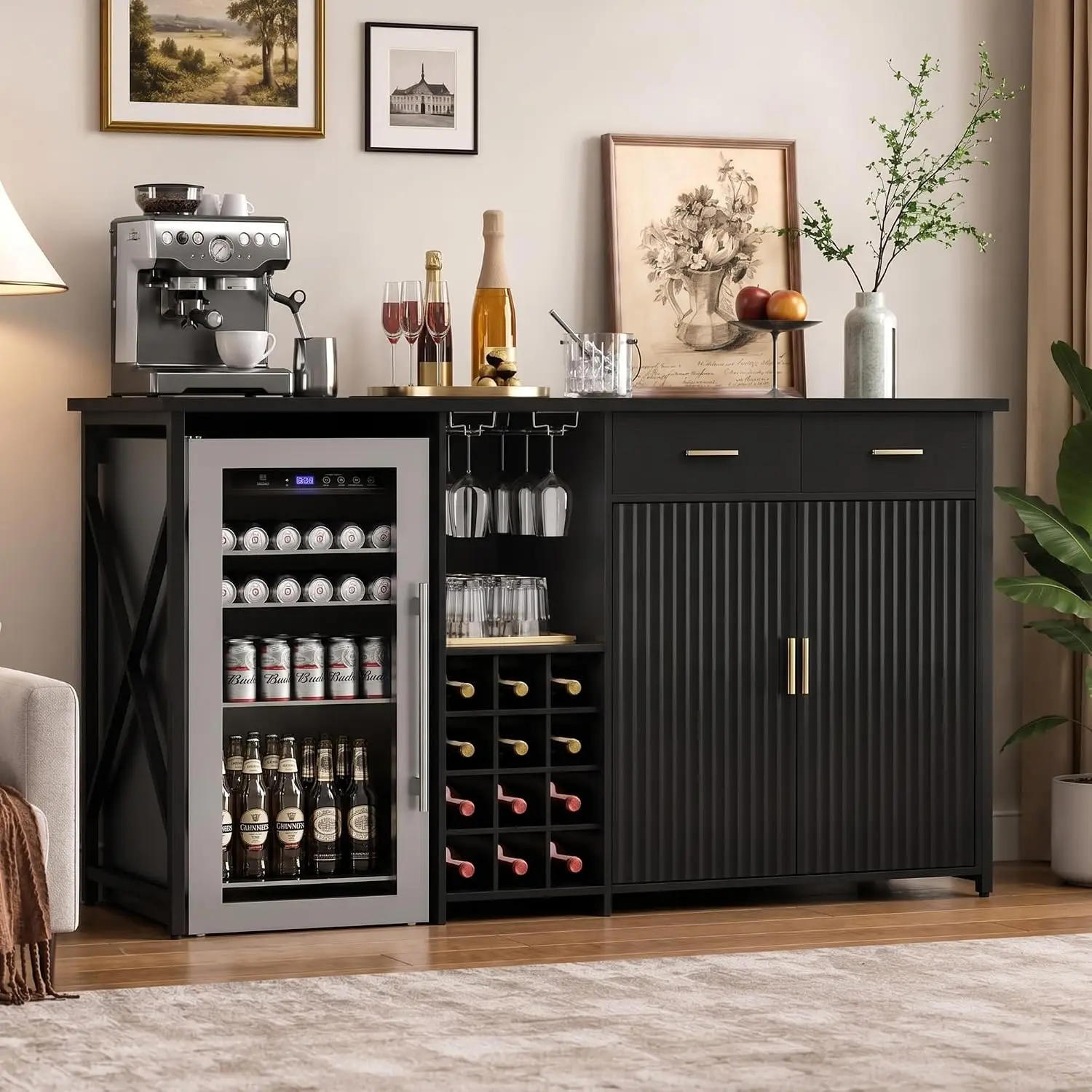 Mini Fridge Cabinet,Coffee Bar Cabinet with Fridge Space | Home Bar Cabinet with Storage,Outlets,Wine Rack,Glass, Customized