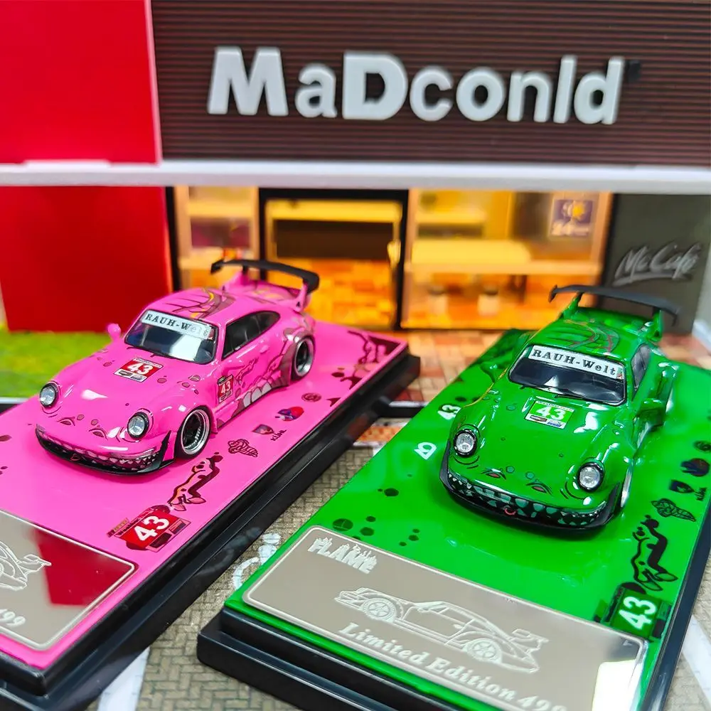 

Flame 1:64 Porsche RWB 964 993 Luminous Pink And Green Dinosaur Paint Alloy Simulation Car Model Gift