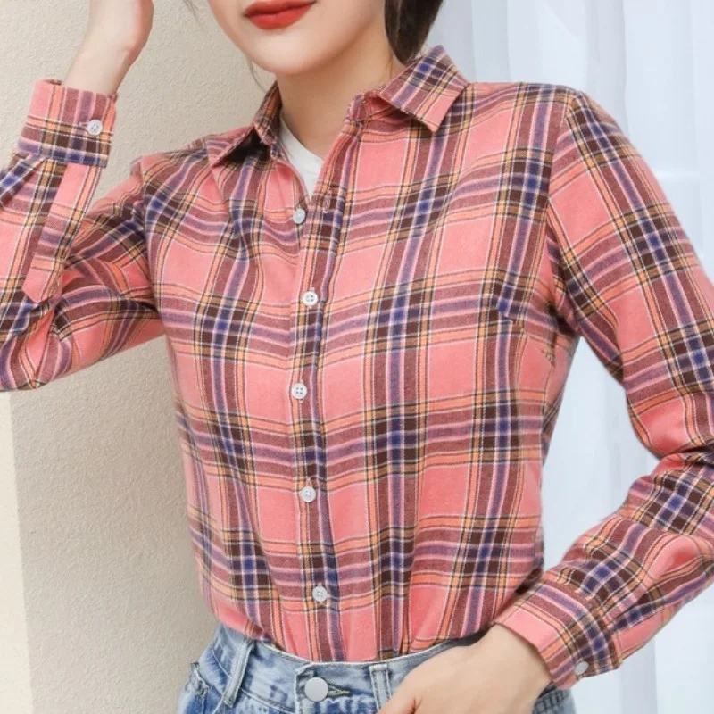 Spring and Autumn Women's Polo Collar Plaid Contrast Long Sleeve Button Single Breasted Cardigan Shirt Coat Casual Elegant Tops