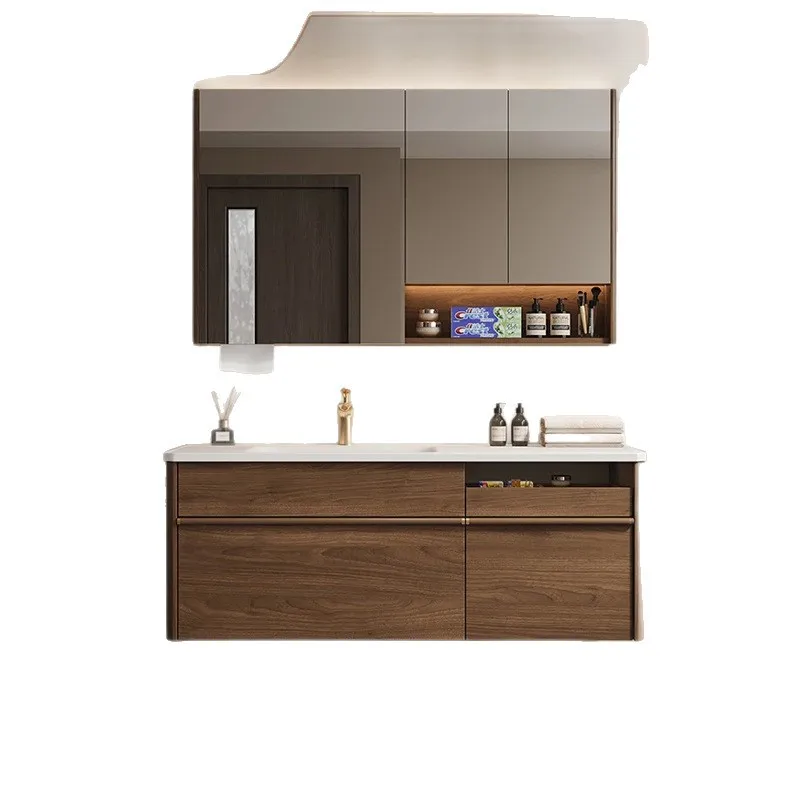New Chinese-style medieval style walnut color integrated basin bathroom cabinet combination toilet washbasin