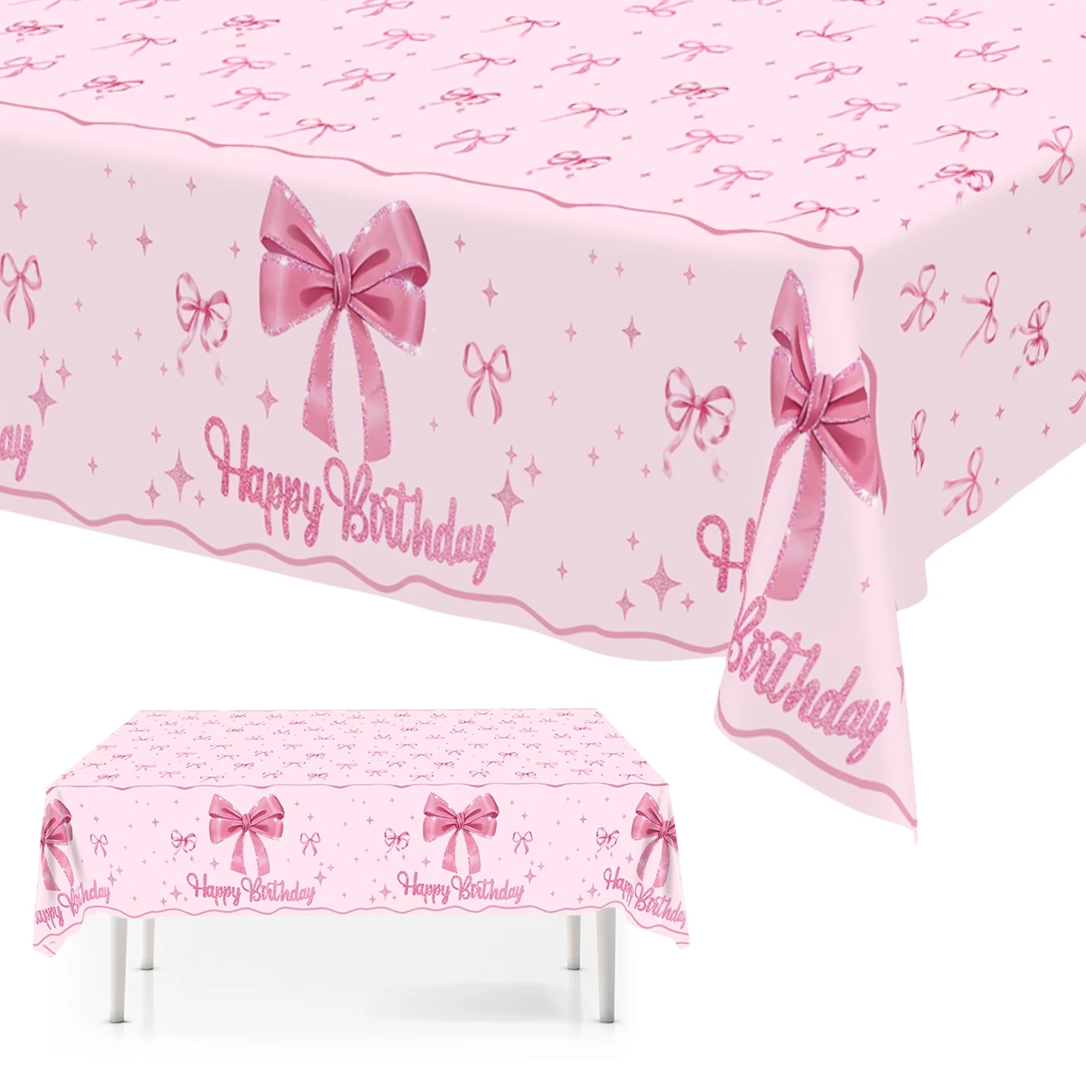 Pink Bow Happy Birthday Plastic Tablecloth 130*220cm Rectangle Disposable Table Cover Happy Birthday Decorations for Picnic Home