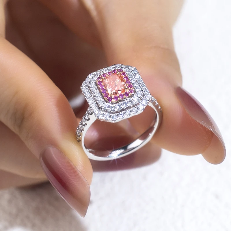 Mishang Jewelry 18K Pink Lab Diamond Radiant Cut White Gold Cushion Cut Lab Grown Diamond Engagement Ring Halo Ring  MSR-1487