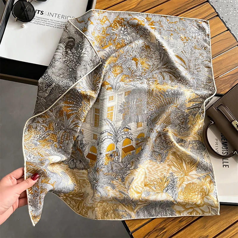 30% MULBERRY SILK 70% WOOL 65CM Square Scarf Double Sided Different Print Vintage Golden Floral Bird Neck Shawl Luxury Accessory view 3