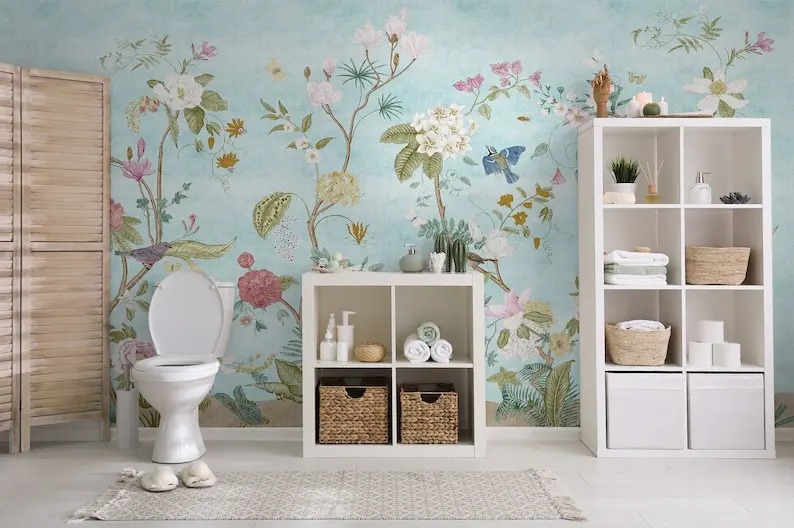 Chinoiserie Wallpaper Peel and Stick | Colorful Boho Floral Wall Mural