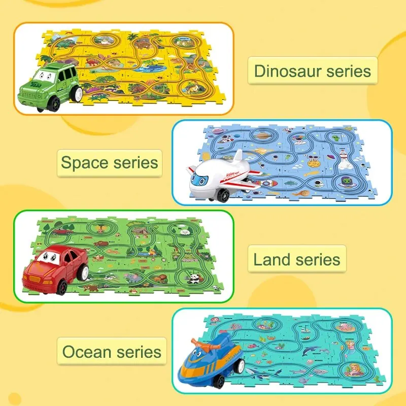 Set mainan mobil Track Puzzle DIY, dengan kendaraan, Set mainan mobil Track Montessori, untuk 3 + tahun hadiah Natal anak-anak