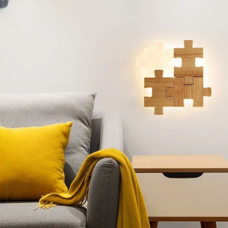 Modern Minimalist Playful Puzzle Wall Light Creative Living Room Study Restaurant Children's Bedroom Bedside Wooden Led Lamp