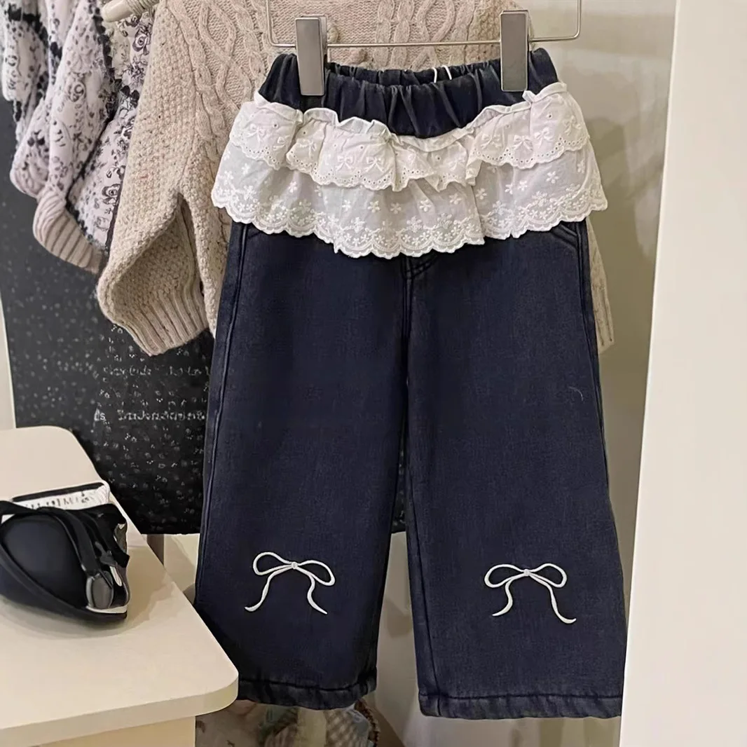 Autumn Winter Korean Toddler Girls Pants Lace Waist Embroidered Bow Plus Velvet Children Girls Jeans Kids Girls Wide Leg Pants