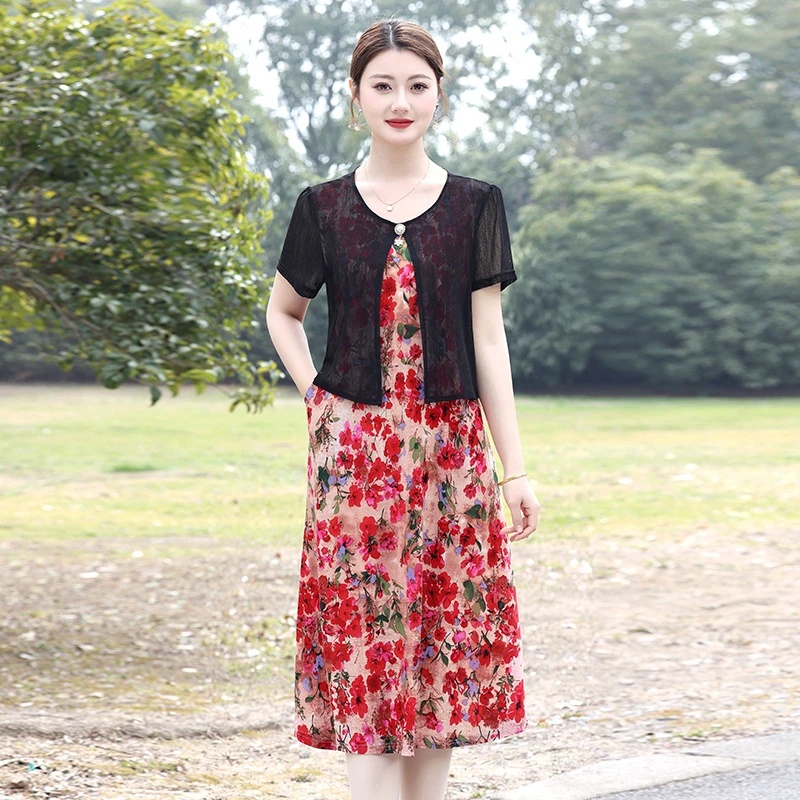 فستان صيفي مزيف مكون من قطعتين للنساء في منتصف العمر مقاس كبير فستان طويل كاجوال للشاطئ أنيق فساتين مطبوعة للأم 6XL #6