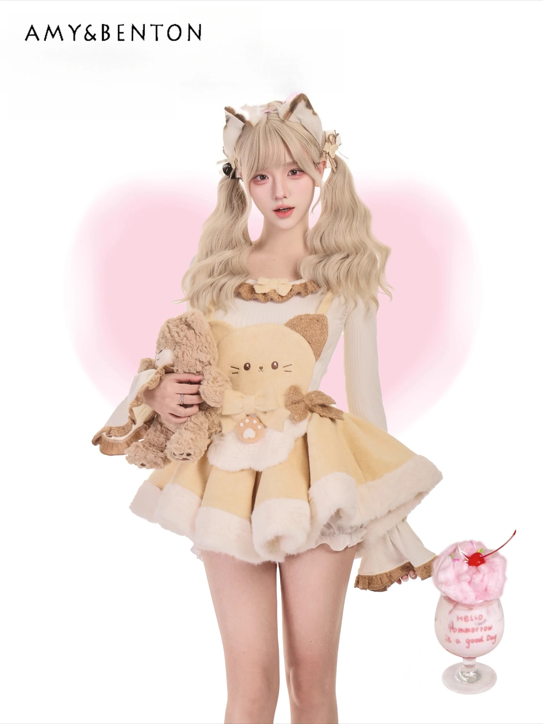 

Autumn and Winter Sweet Cute Knitted Long Sleeve Bow Top Yellow White Color Block Little Cat Strap Dress Apricot Cloak