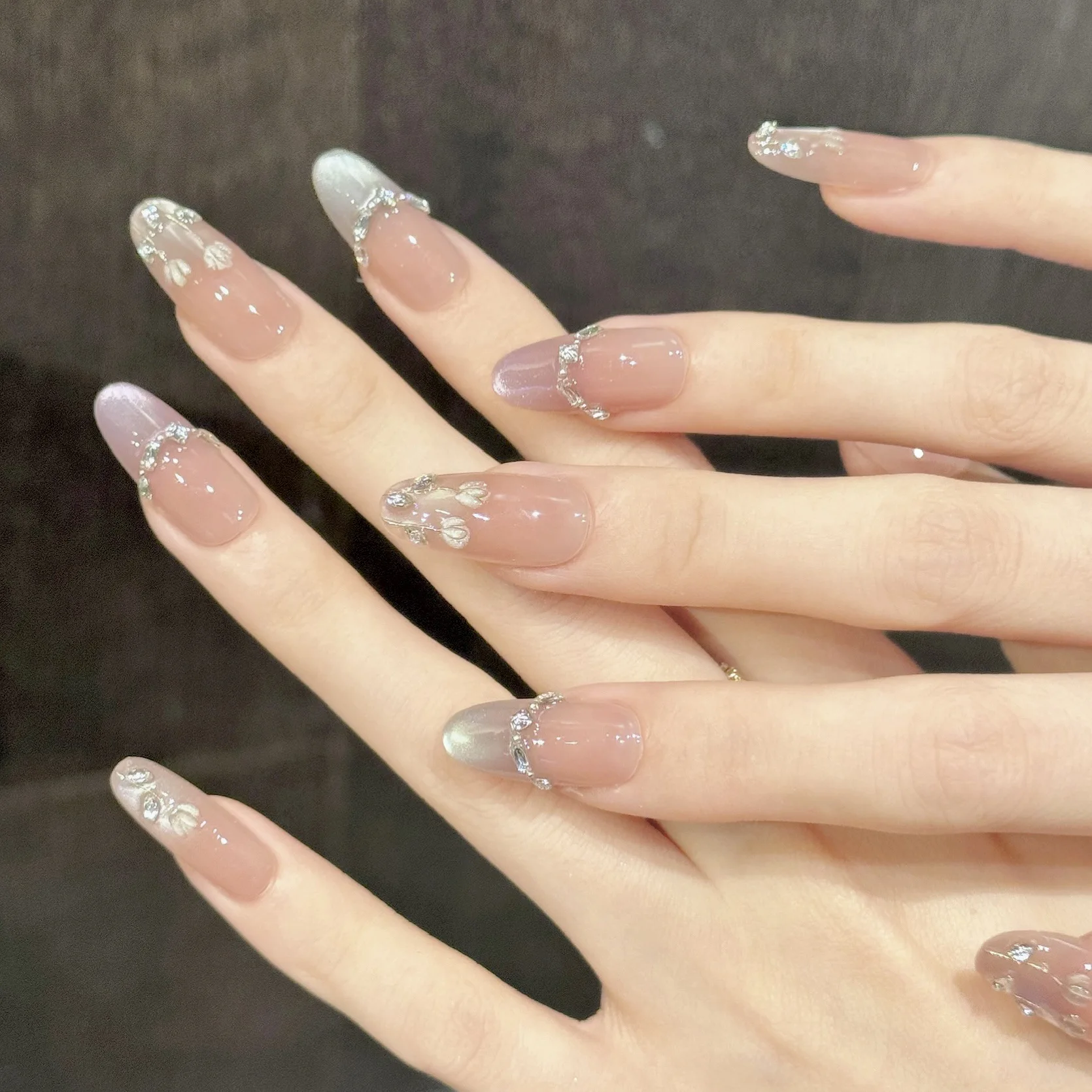 10PCS Square/Oval Handmade Press On Nails,Naked Powder Gradient Cat's Eye Hand-painted Lily of the Valley,Festivals Parties