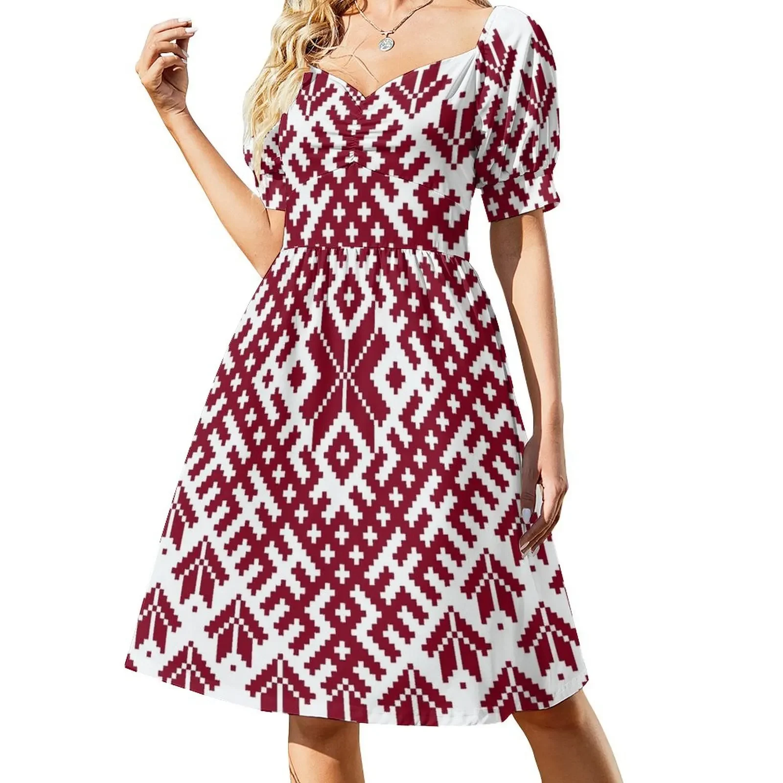 

Red Latvian Lielvarde Belt motif Short-Sleeved Dress women dress Women's summer long dress