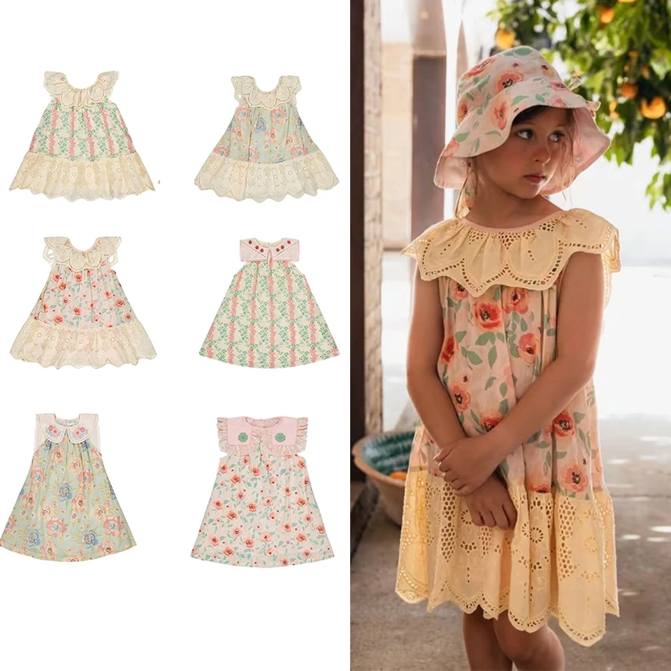 2026 BA Kids Baby Dress Princess Woven Embroidery Floral Water-soluble Edge Suspender Dresses Costume Summer Outfits for Girls