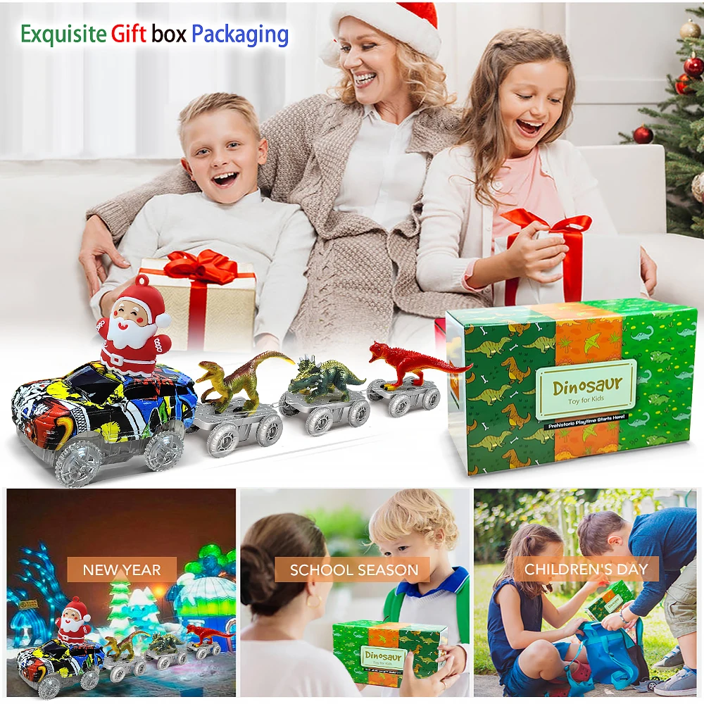 Dinosaur Toys Create A Dinosaur World Road Race-Flexible Track & Santa Claus Car for 3 4 5 6 Year & Up Old Boy Girls Gift