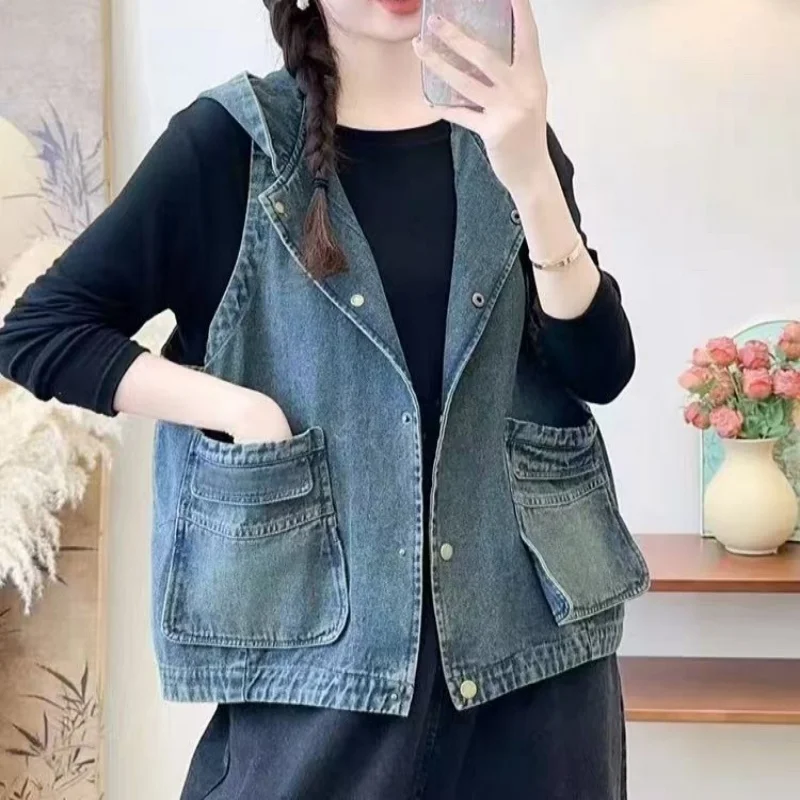 

Casual Fashionable Washed Denim Vest Women's Loose Outerwear Autumn New Style Sleeveless Jacket Top Trendy Cotton Blend