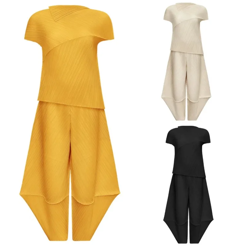 

Складная женская футболка Miyake, черная модная нерегулярная футболка без рукавов с лацканами, летний стиль, широкие брюки из воловьей кожи, девять штанов