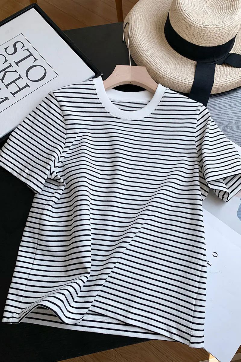 CNlalaxury 2023 Summer Fashion New Women Round Neck Color Clash Striped T-shirt Simple Casual Versatile Female Tops Chic Tees