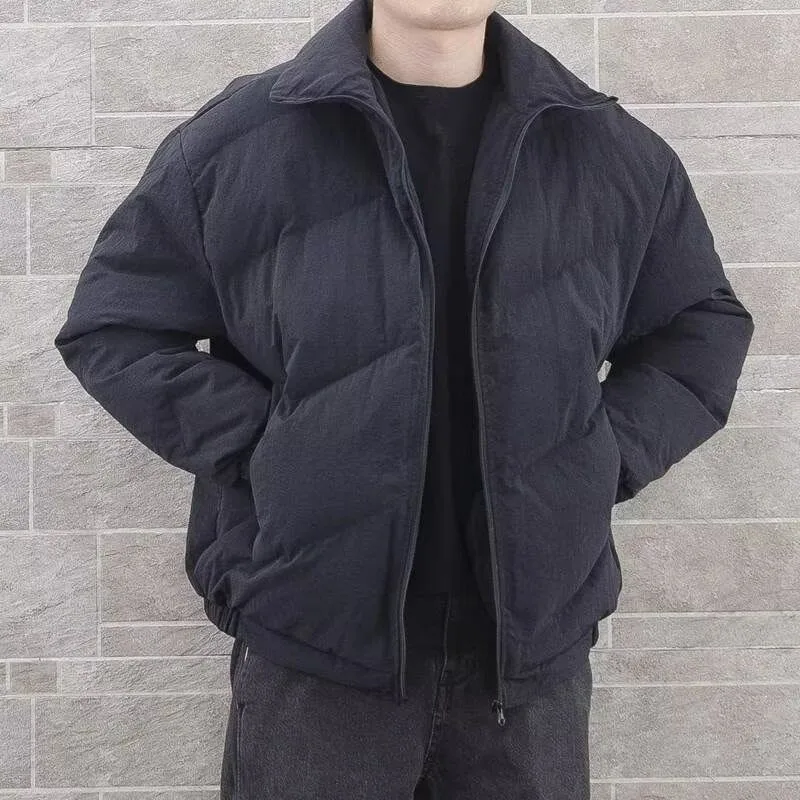 Mens Jacket Harajuku Winter Thick Warm Cotton Puffer Coat Stand Collar Loose Fit Bread Style Casual Streetwear Fashion Outerwear