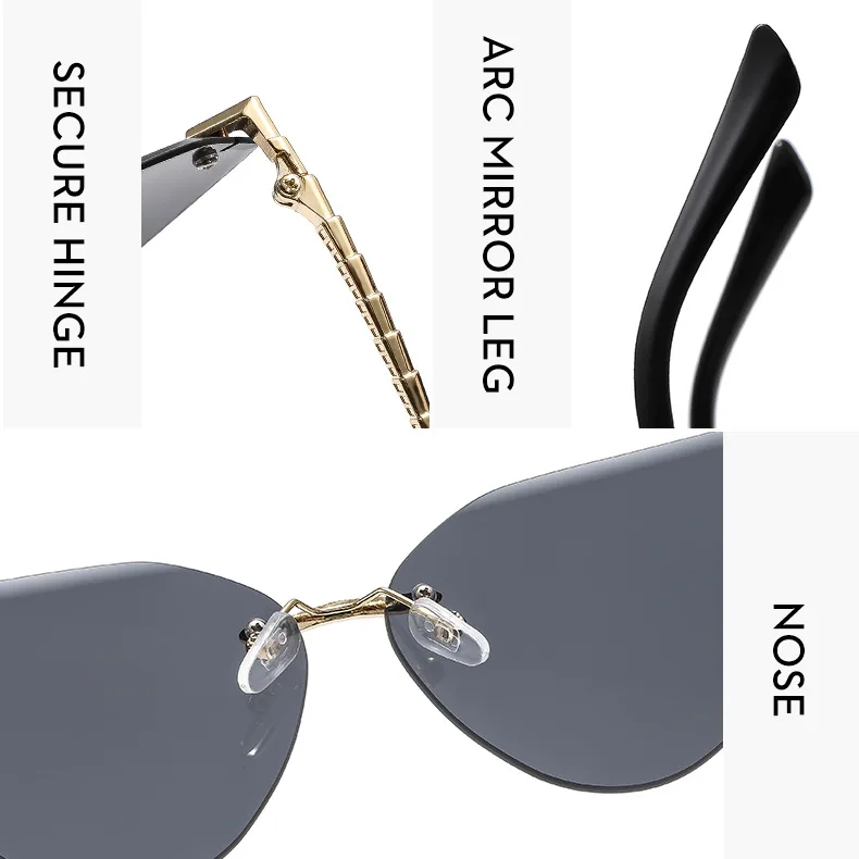 Katzenaugen Randlose Sonnenbrille Damen 2026 Luxusmarke Designer Trendige Metall Rahmenlose Sonnenbrillen für Damen Vintage Eyewear UV400 – Detail 9