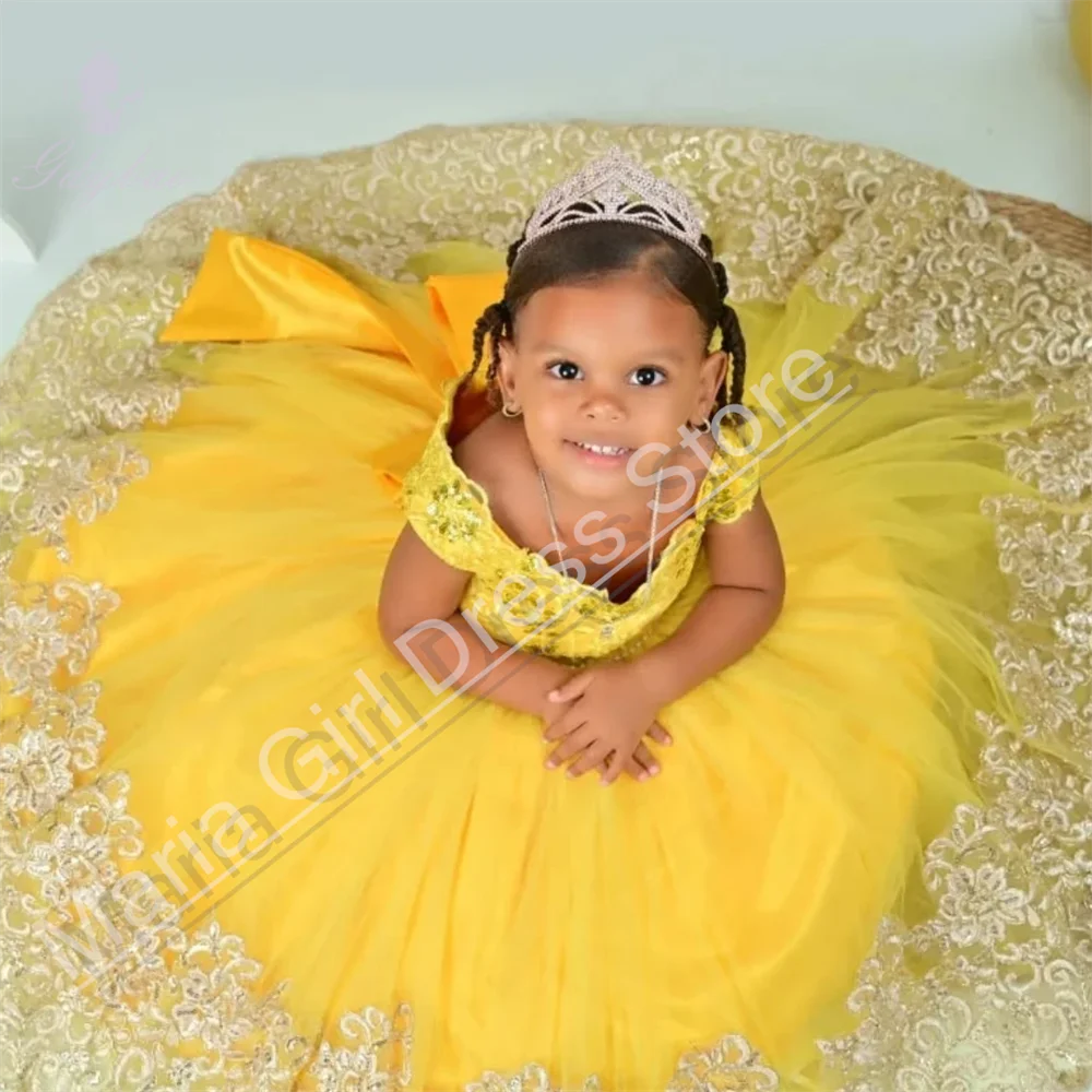 

Girl Princess Dress Yellow Cute Customize Flower Girl Dress Fluffy For Birthday Wedding Prom First Communion Dress