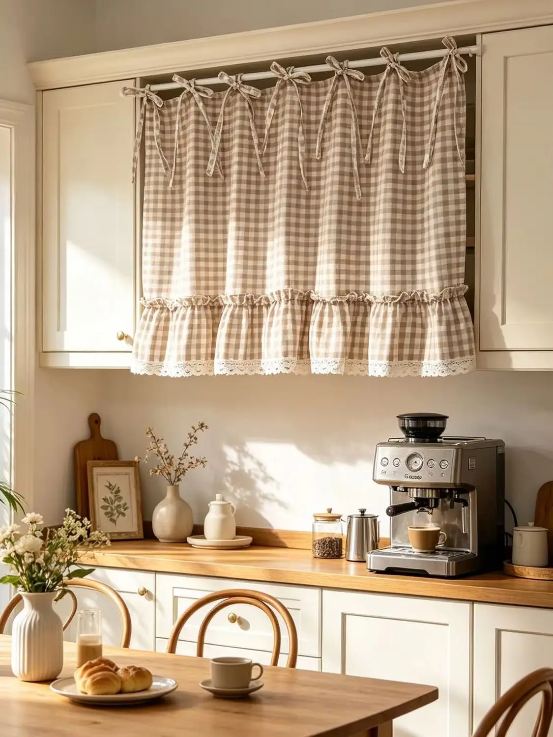 Kurzer Gardinenvorhang mit Gingham-Muster, gerüschte Spitzenborte, Fenstervorhänge im Landhausstil, Halbvorhang für Küchenschrank, Spüle, Schrankdekoration