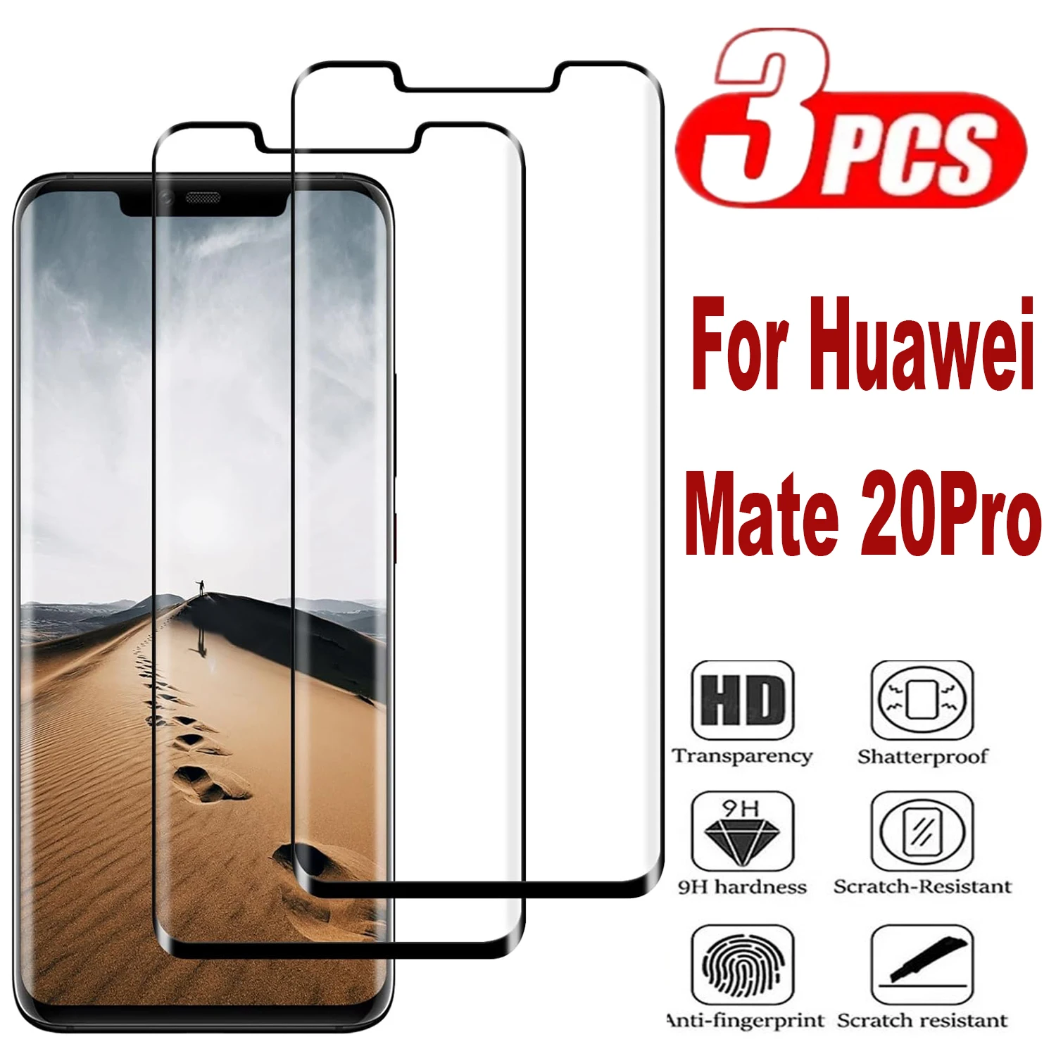 3Pcs HD Screen Protector For Huawei Mate 20 Pro,9H Curved Four Sides Glue Tempered Glass