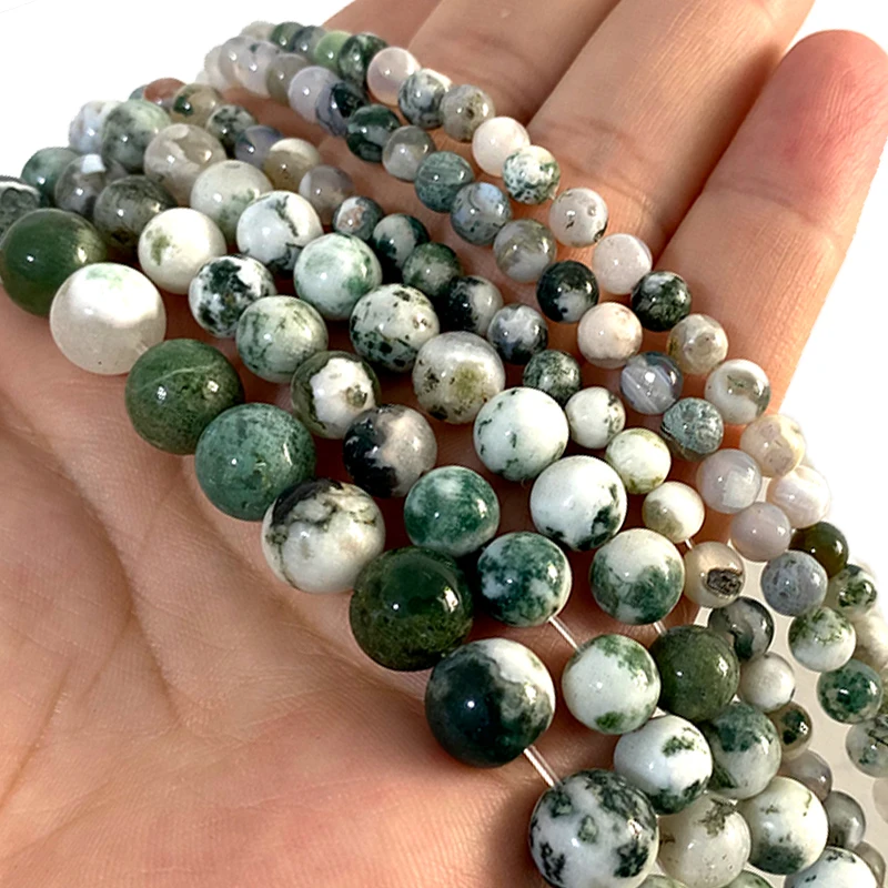 Natural Tree Agate Stone Beads Loose Smooth Round Gemstone For Jewelry Making DIY Bracelet Earrings Accessories 4-12MM 15\'\'